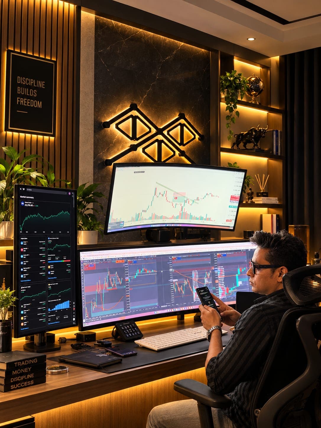 Shailesh Gour seated beside trading charts
